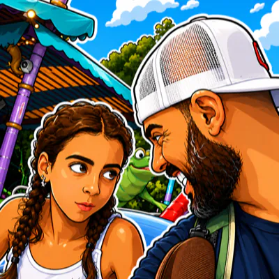 Portrait caricature de Mika qui jette un regard de côté à son père dans un parc d'attractions pendant qu'il lui sourit.